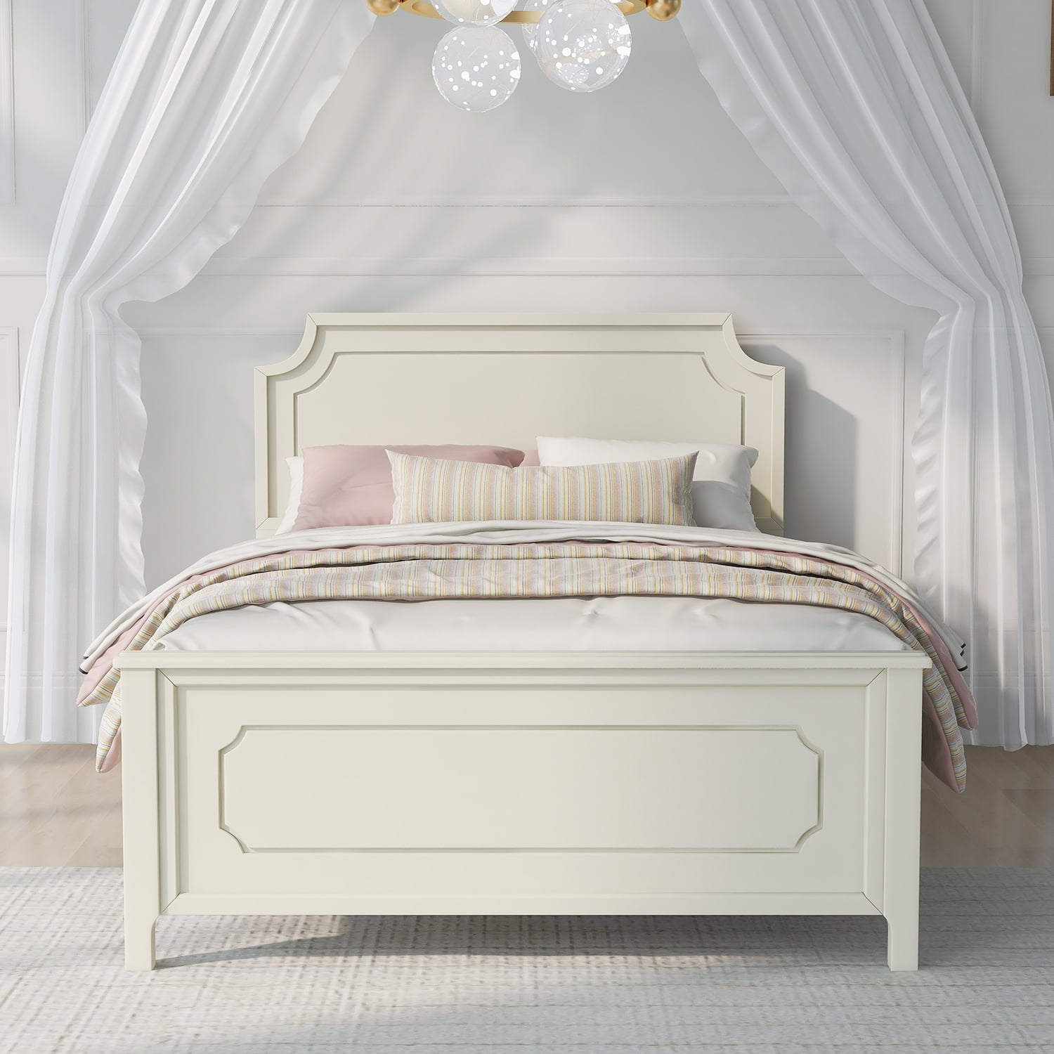 Kadyn Milky White Solid Rubber Wood Platform Bed, Modern Wood Full Platform Bed with Headboard, Farmhouse bedstead for Bedroom