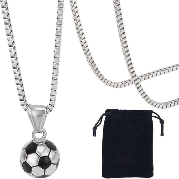 1 Box Silver Soccer Ball Charm with Chain and Velvet Pouch 316 Surgical Stainless Steel Enamel Football Hip Hop Sports Pendant Necklace for Men Father Friend Sport Bar Jewelry Decoration