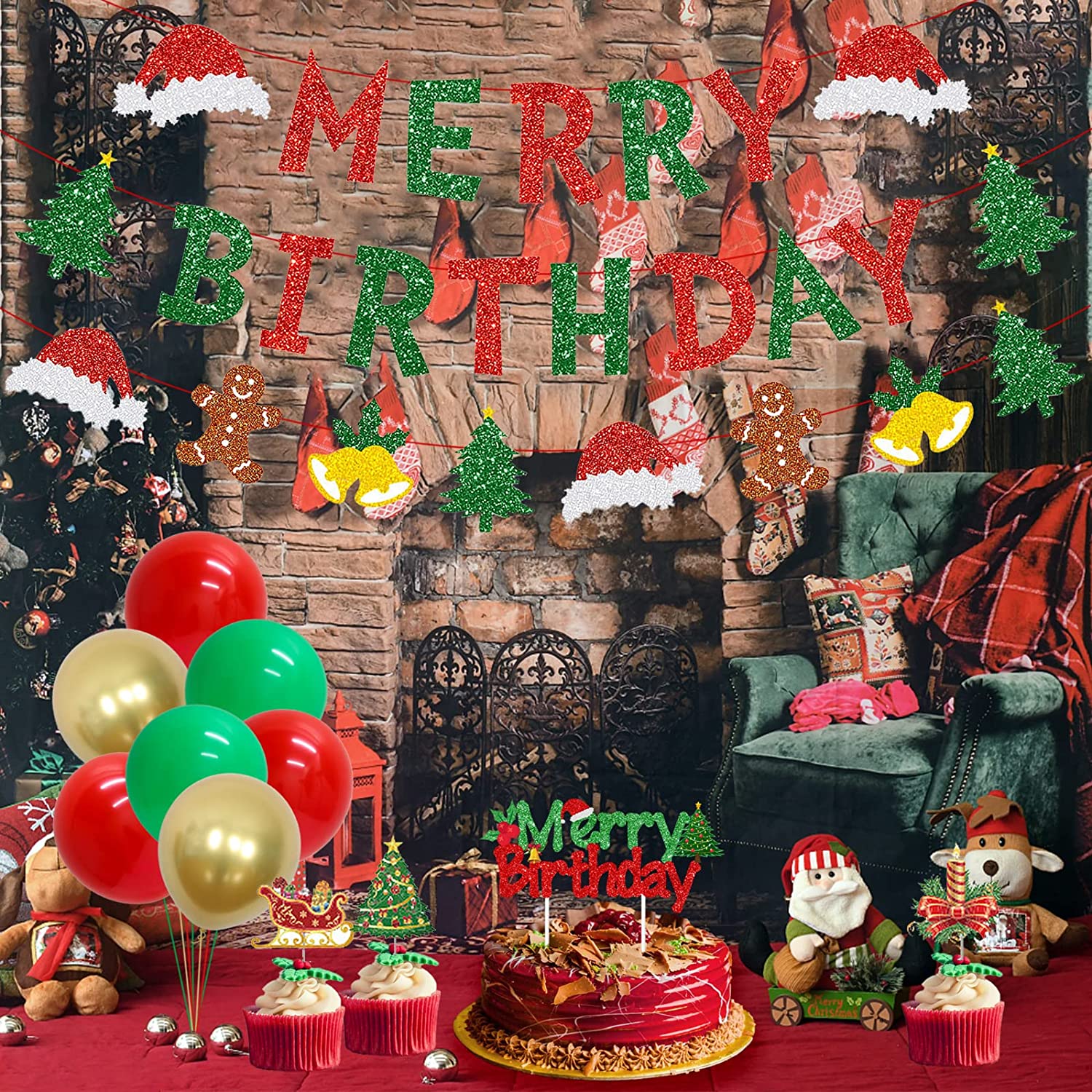 Christmas Birthday Party Supplies Christmas Balloons Red Green Merry Birthday Banner Christmas Theme Garland Cake Toppers for Xmas Eve Decor Winter Party Merry Birthday Decorations