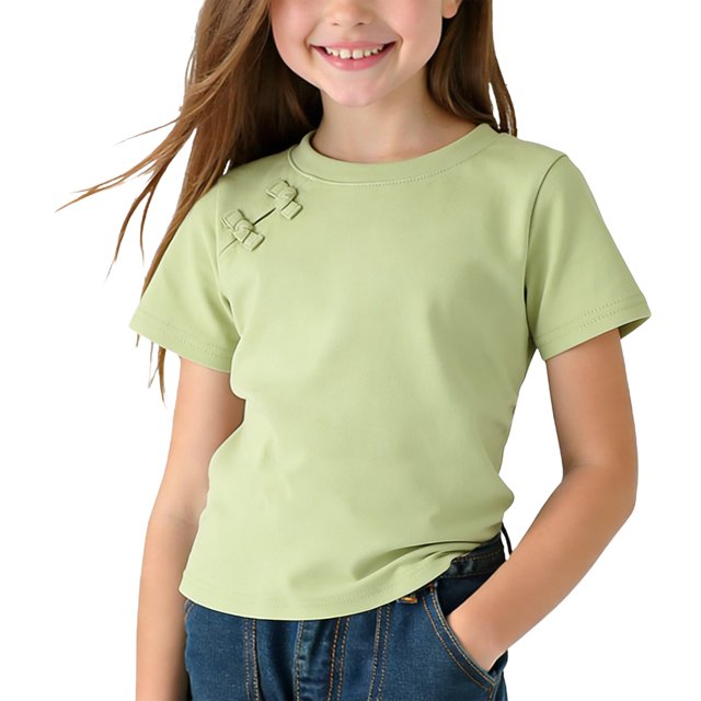 Blusas y camisas de manga corta con cuello redondo para niños, primavera y verano, color liso, manga corta, cuello redondo, camiseta para niños, parte superior de poliéster para niños