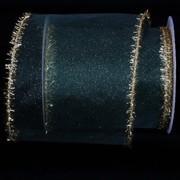 The Ribbon People Sheer Forest Green Organza with Gold Fuzzy Edge Wired Craft Ribbon 6" x 20 Yards