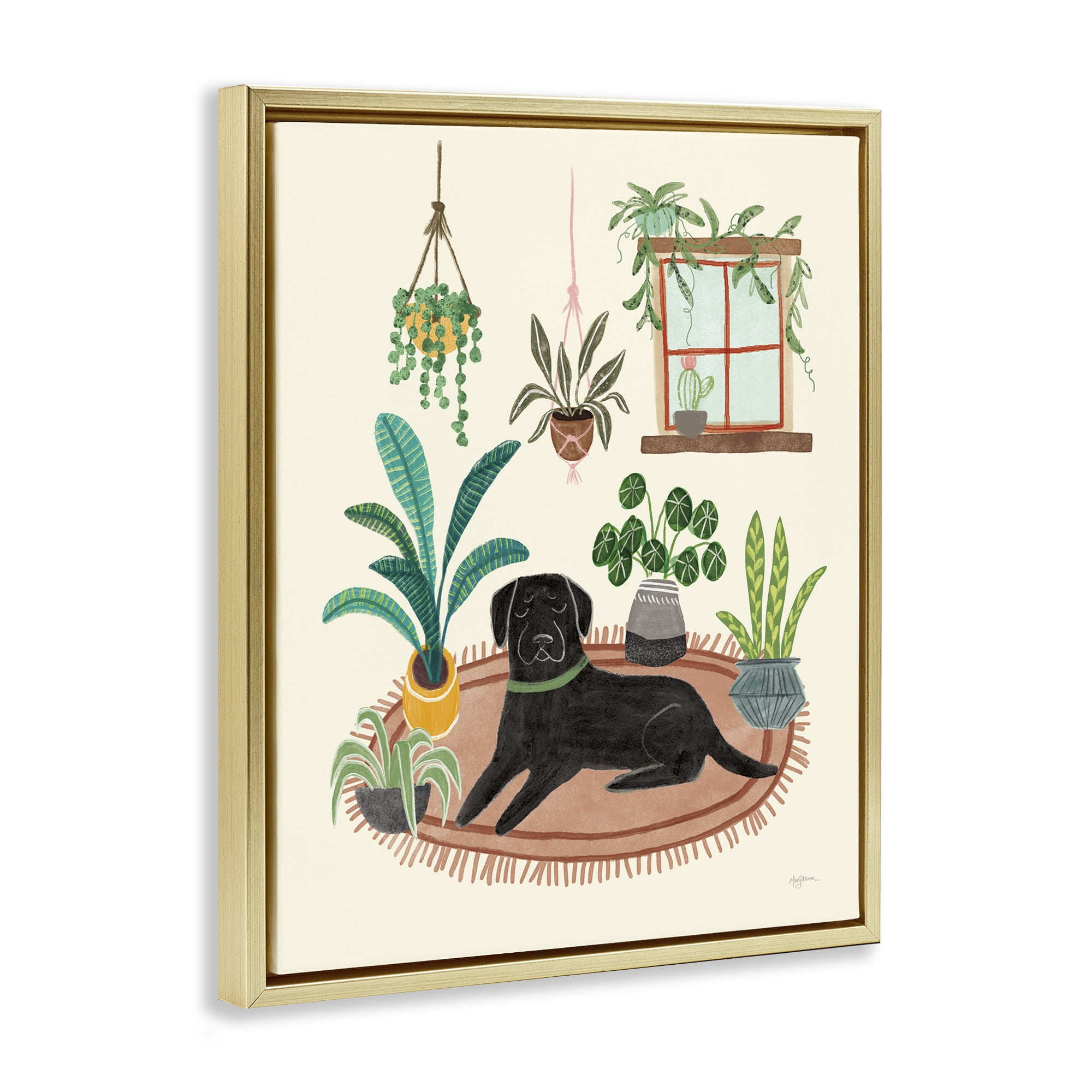 Stupell Industries Fun Dog & House Plants Animals & Insects Painting Gold Floater Framed Canvas Art Print Wall Art, 17 x 21