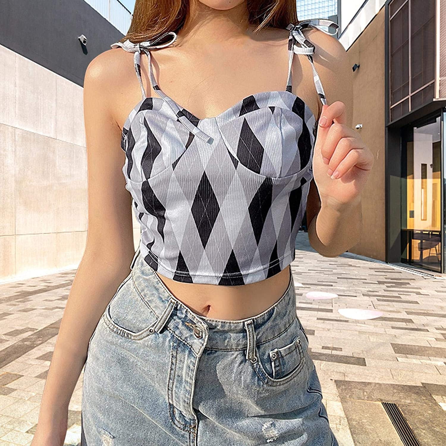 Corset Tops Y2k,Rhombus Plaid Corset 