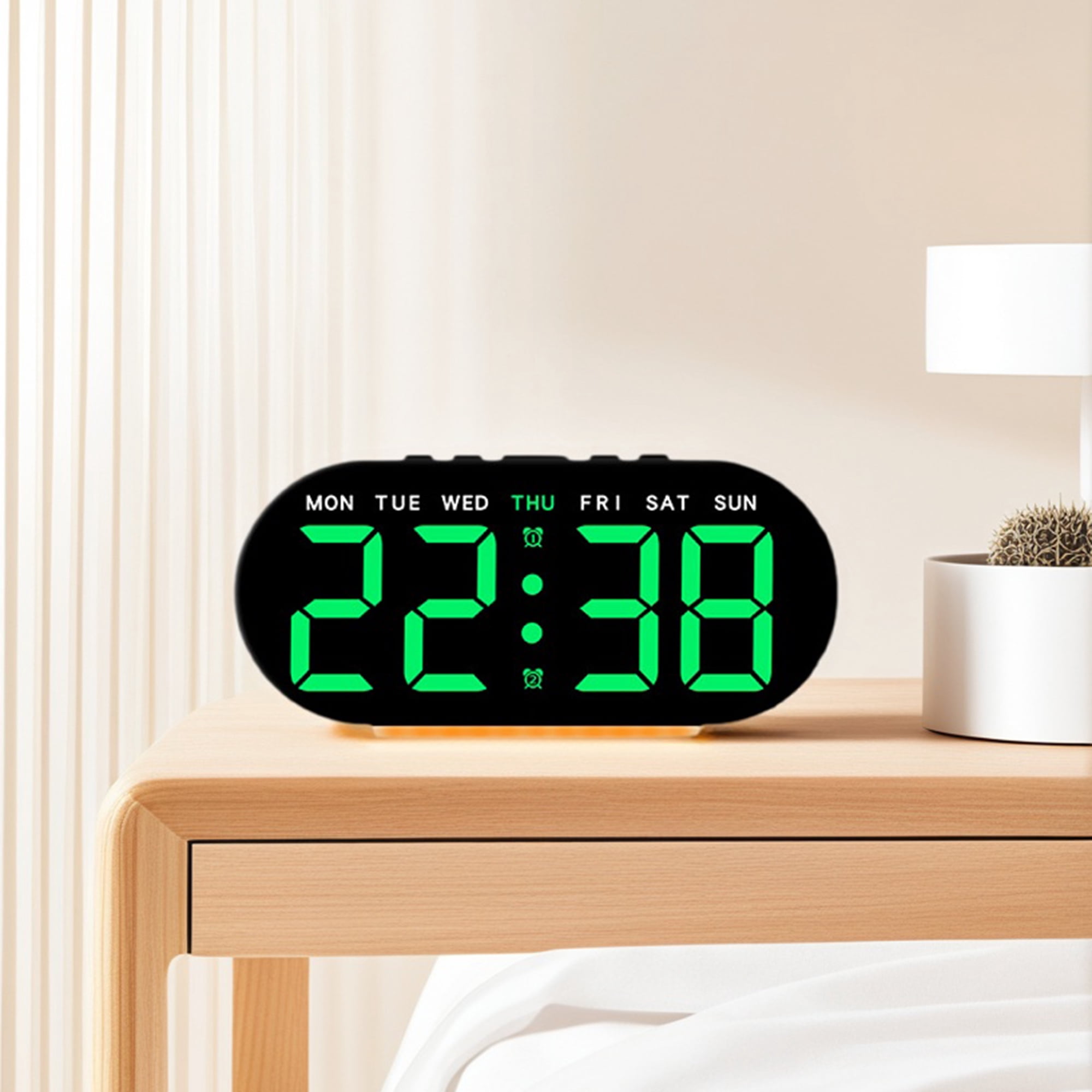 Unique Bargains 2 Pcs Oval Digital Alarm Clock Bedroom Black Green/Black Red
