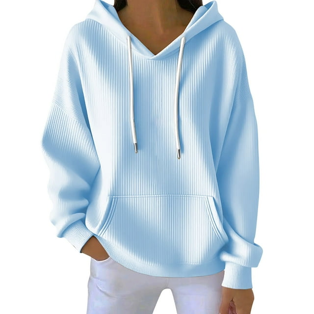 ManxiVoo Textured Ribbed Detail Hooded Sweatshirt for Women Relaxed Fit Long Sleeve Pullover Cozy Everyday Essential L Size Light Blue