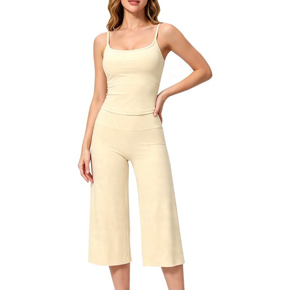 GILIGEGE Workout Sets for Women,Two Piece Halter Sports Bra Matching Wide Leg Capri Pants,Low Waist Wide Leg Flared Gaucha Pants,Spaghetti Straps Crop Top,Gym Work Yoga Pilates Outfits Light Yellow S