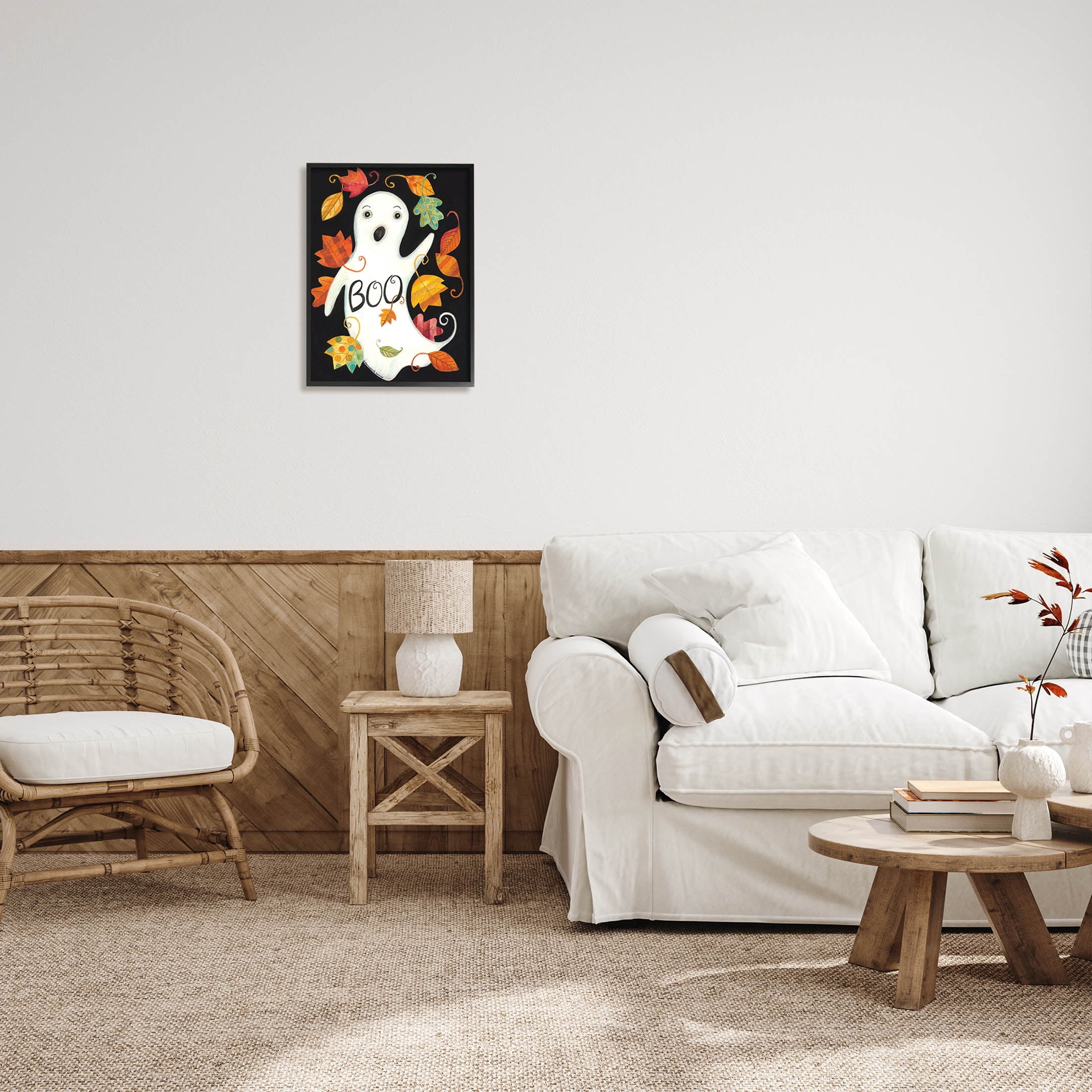 Vintage Boo Ghost Patterned Leaves Holiday Graphic Art Black Framed Art Print Wall Art