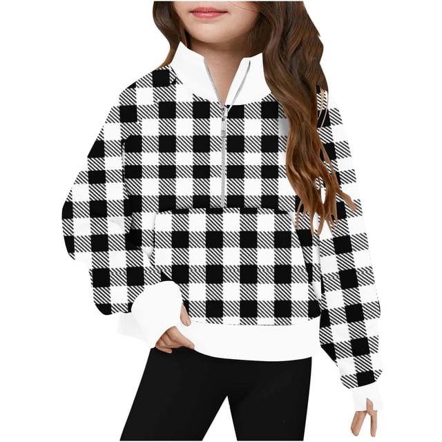 Chandail en Molleton à Col Rond pour Filles en Liquidation, Chandail en Molleton à Carreaux Imprimé pour Filles, Mode Décontractée, Chandail en Molleton de Sport à Manches Longues, Chandail-Over, Crop Tops pour Enfants, Trou pour Pouce, Blanc 9 Ans