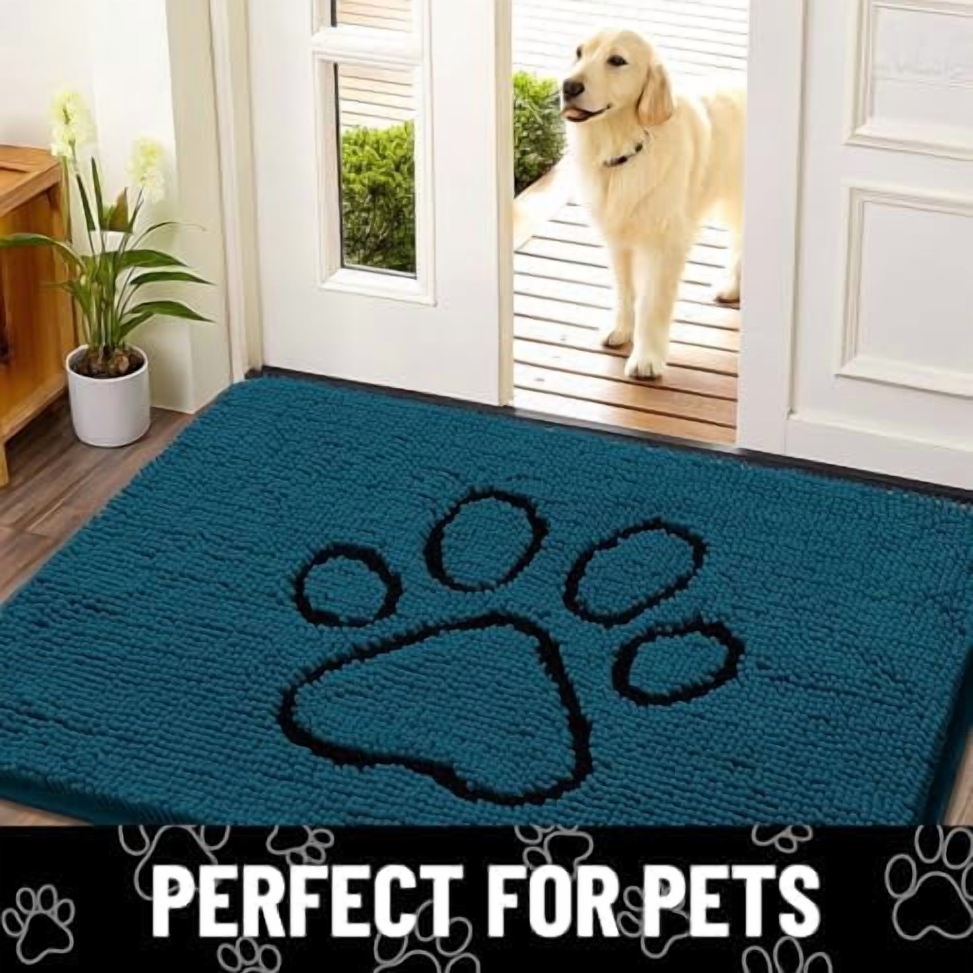 Dog Door Mat for Muddy Paws, Absorbent Dirt Trapper Non Slip Quick Dry Washable Chenille Mat for Mud Dogs, Entry Rug for Indoor and Outdoor (36x24 Inches, Atlantic Blue and Black)