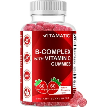 Vitamatic Vitamin B Complex Gummies with Vitamin C & Inositol - Natural Strawberry Flavor - 60 Gummies