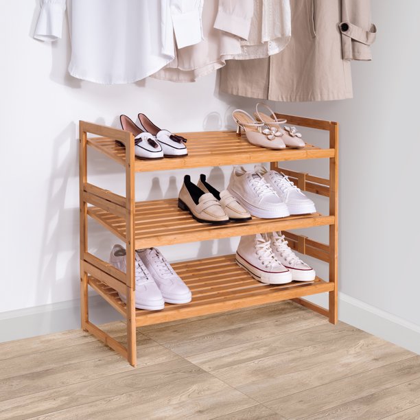 2 pack) Better Homes & Gardens 3-Tier Bamboo Shoe Rack, Holds 9