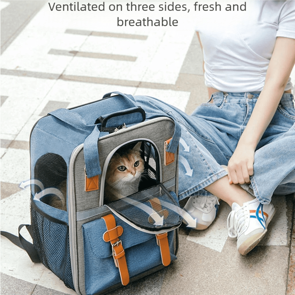 Large Capacity Pet Backpack for Cats & Small Dogs, Ventilated Travel Carrier with Reflective Strip, Foldable Design, 32x22x42cm