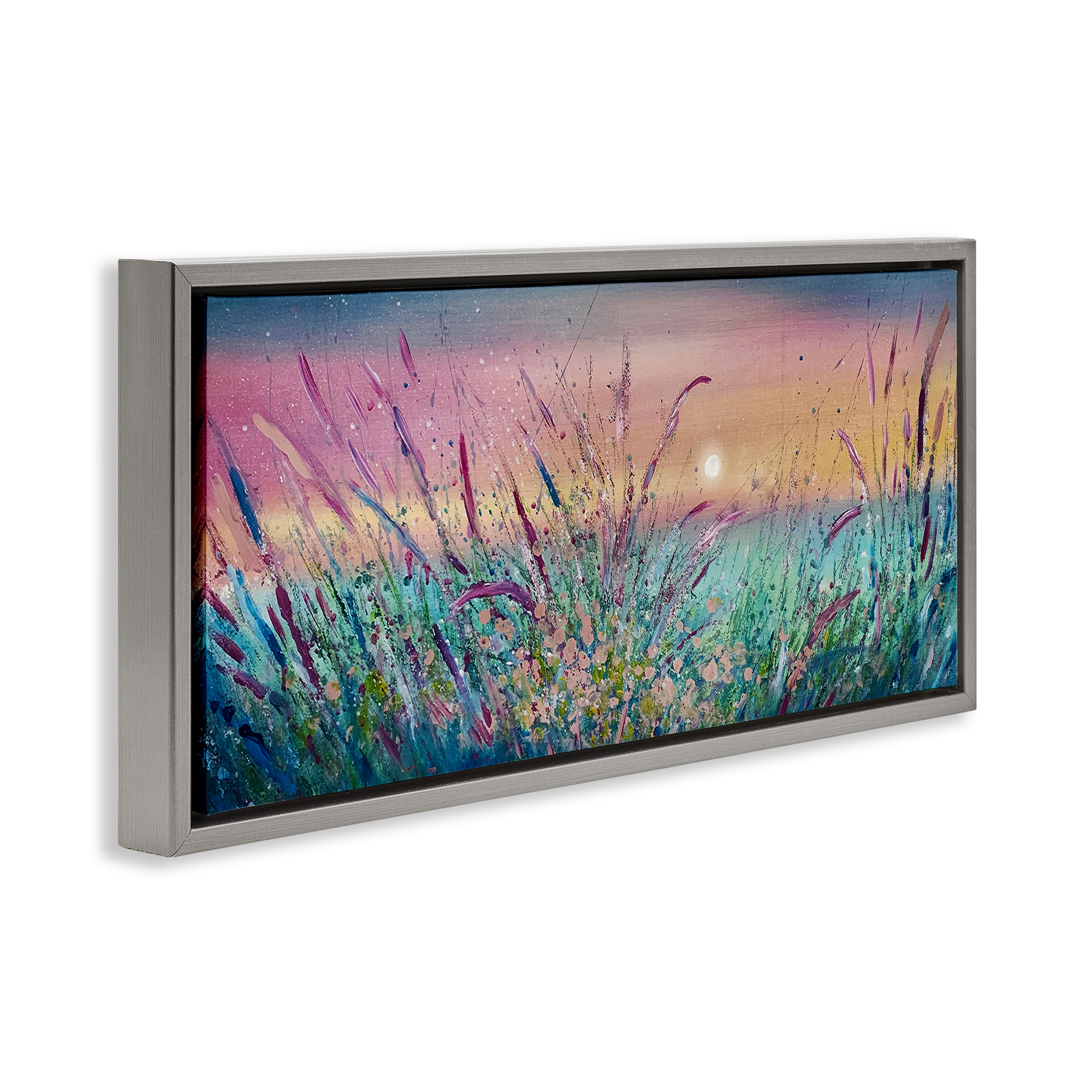 Stupell Industries Pond Reeds Sprouting at Sunset Landscape Painting Gray Floater Framed Canvas Art Print Wall Art, 31 x 14