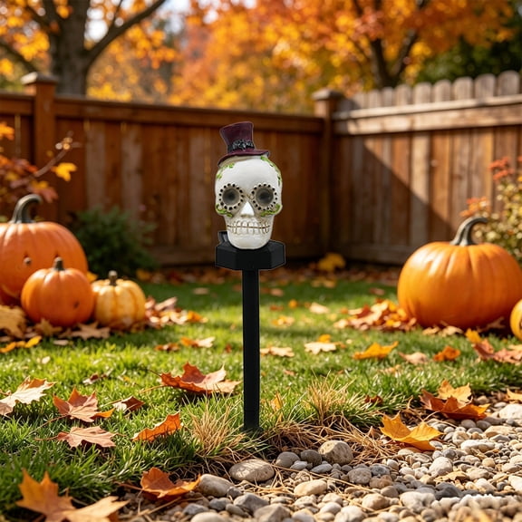 Halloween Solar Skull Stake Lights, 15.16 inch Resin Waterproof Outdoor Stake Light Decor, Automatic Skeleton LED Lamp Decor for Patio Lawn Porch Party Halloween Decorations