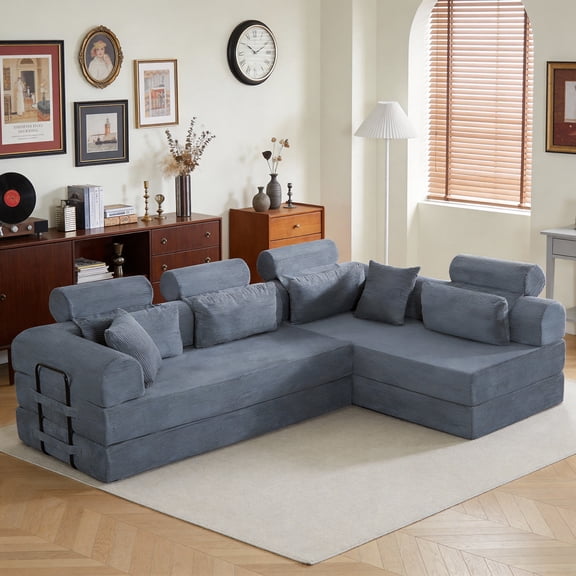 L shape Modular Sectional Sofa Couch, 4 Seat Compressed Sectional Minimalist Style Corduroy Sofa Couch with Sofa Bed Pull Out Couch for Living Room, Apartment, No Assembly Required, Dark Gray