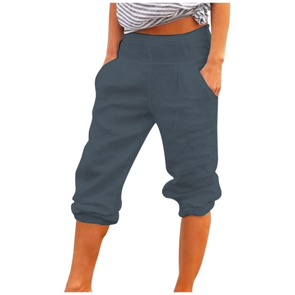 Womens High Waisted Cotton Linen Capri Pants Solid Color Casual Loose Fit Baggy Comfy Harem Pants Capris with Pockets