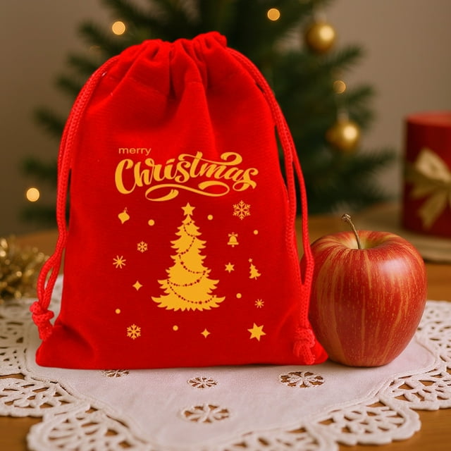 Uklsqma Sac d'Emballage pour Bonbons et Fruits de Noël / Pochette Cadeau à Cordon en Tissu Rouge / Sac à Friandises Durable, Résistant aux Déchirures et Réutilisable pour la Veille de Noël, Rangement, Décorations et Cadeaux