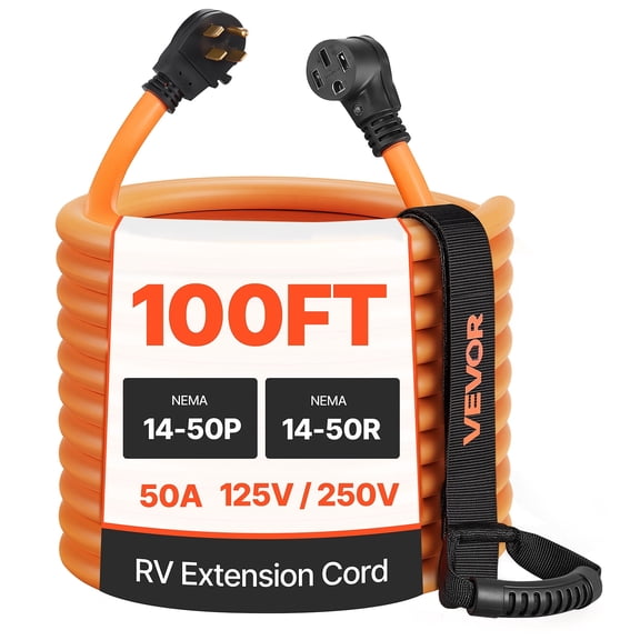 VEVOR 50A 100ft RV Extension Cord, 125V/250V, Heavy Duty 6/3 8/1 Gauge STW RV Power Cord, NEMA 14-50P to NEMA 14-50R, with Power Indicator, Cord Organizer, 15A Adapter, for Camper Trailer