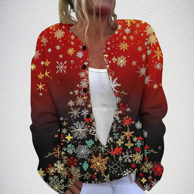 LOVZFMLL Vestes pour Femmes, Cardigan Tricoté Imprimé de Noël, Veste Boutonnée