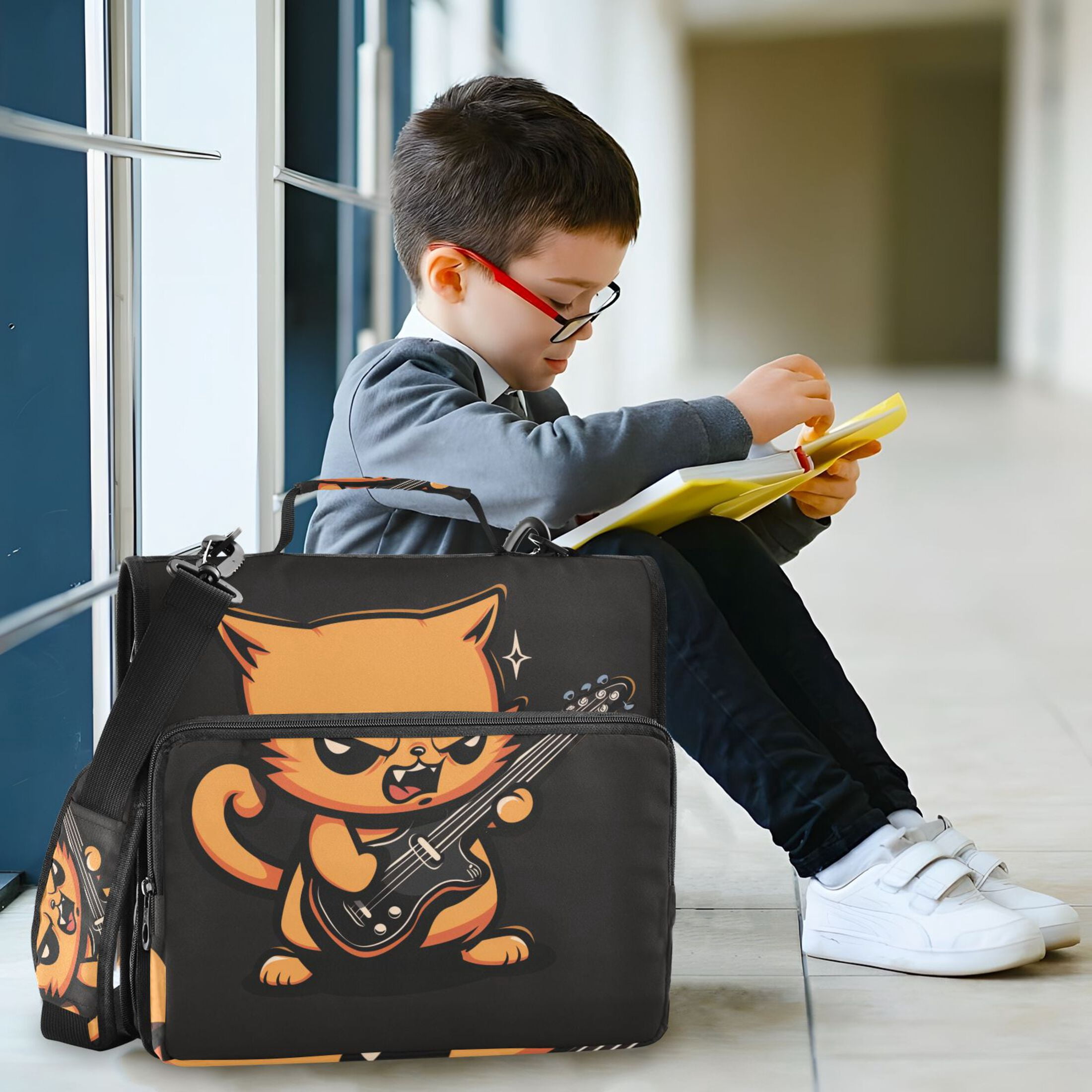 3 Ring Zipper Binder with Shoulder Strap Waterproof Trapper Keeper 2 Inch D-Ring 500 Sheets Capacity Angry Cat Playing Guitar