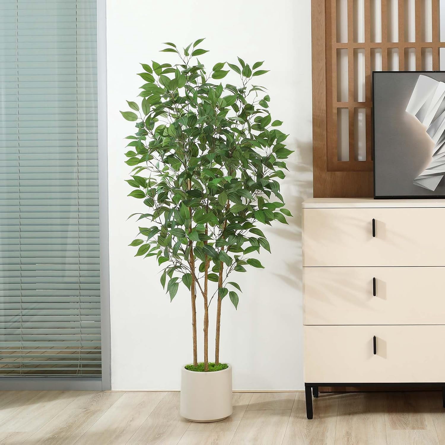 Ficus Artificial Tree 5ft Tall Fake Ficus Tree for Home Decor Indoor Faux Silk Ficus Plant Fake Floor Plant in White Imitation Ceramic Planter with Green Fake Moss, Set of 1