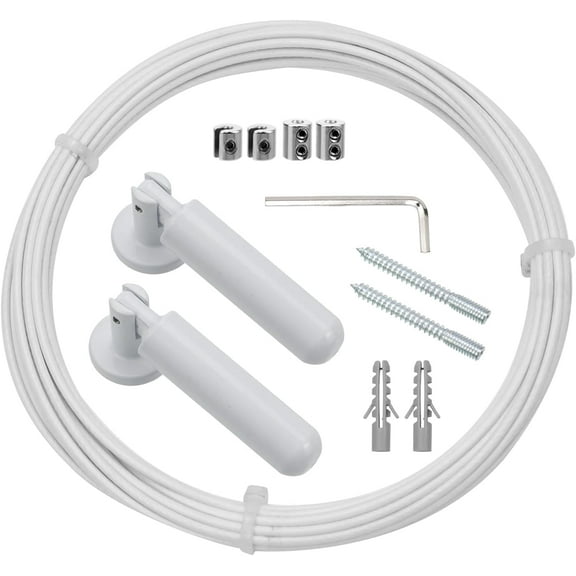 Yoqb Wall Mount Curtain Wire Rod Set,5m/16.4ft Adjustable Curtain Drape Wire Rod Set,Stainless Steel Wall Decor Picture Hanging Kit for Tapestry, Crafts Art Display-White A109