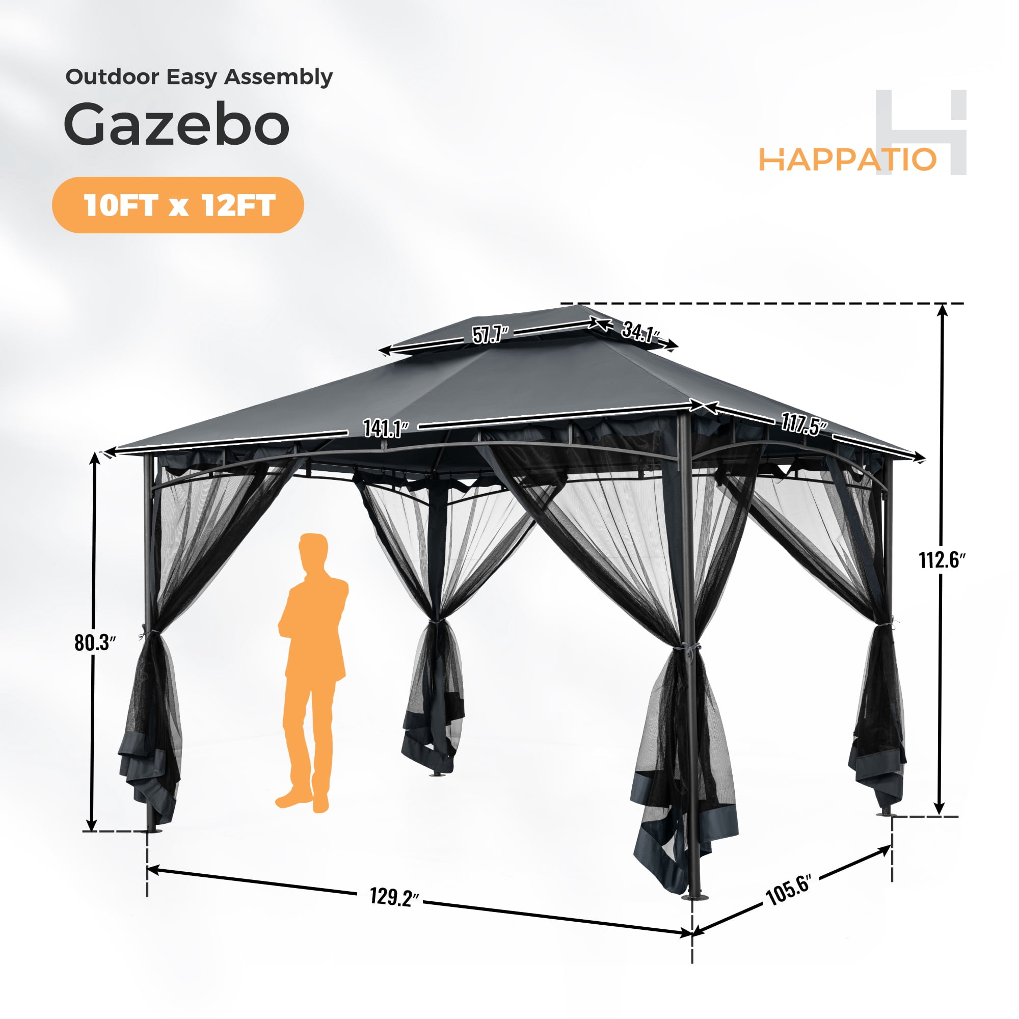 HAPPATIO Patio Gazebo 10' X 12', Ventilated Double Roof & Mosquito Netting, Outdoor Gazebo with Metal Frame, Soft Top Canopy for Backyard, Deck, Poolside