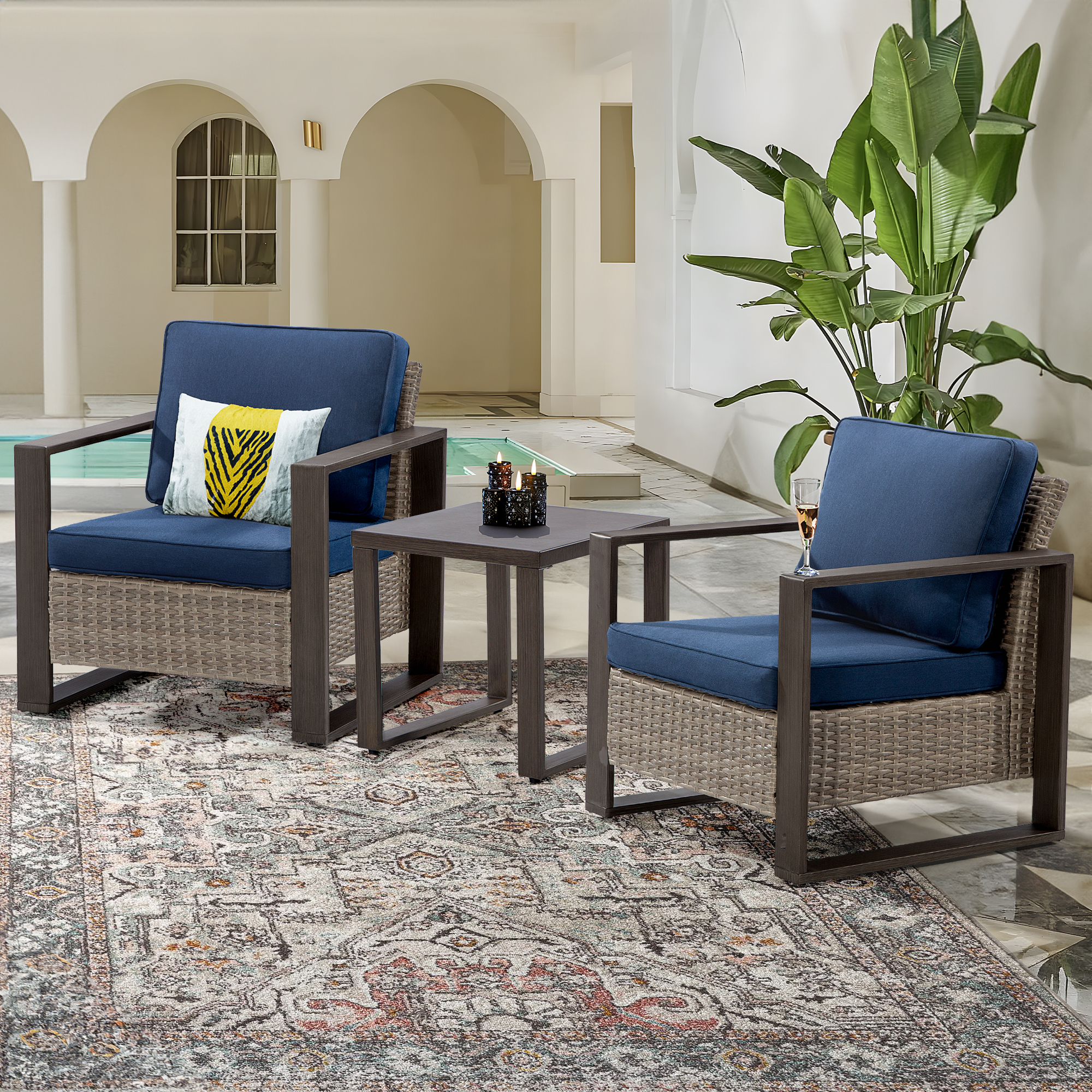 MeetLeisure Outdoor Wicker Metal Chairs Set of 2 with Side Table, 3 Pieces Patio Bistro Set with Removable Olefin Cushions & Wood-Looking Metal Armrest, Dark Blue