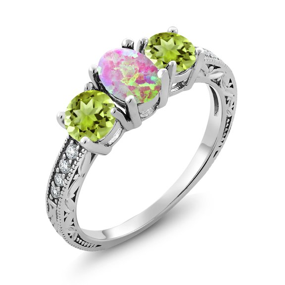 Gem Stone King 925 Sterling Silver Oval Cabochon Pink Simulated Opal Green Peridot and Moissanite Ring for Women (1.85 Cttw, Gemstone Birthstone, Size 8)