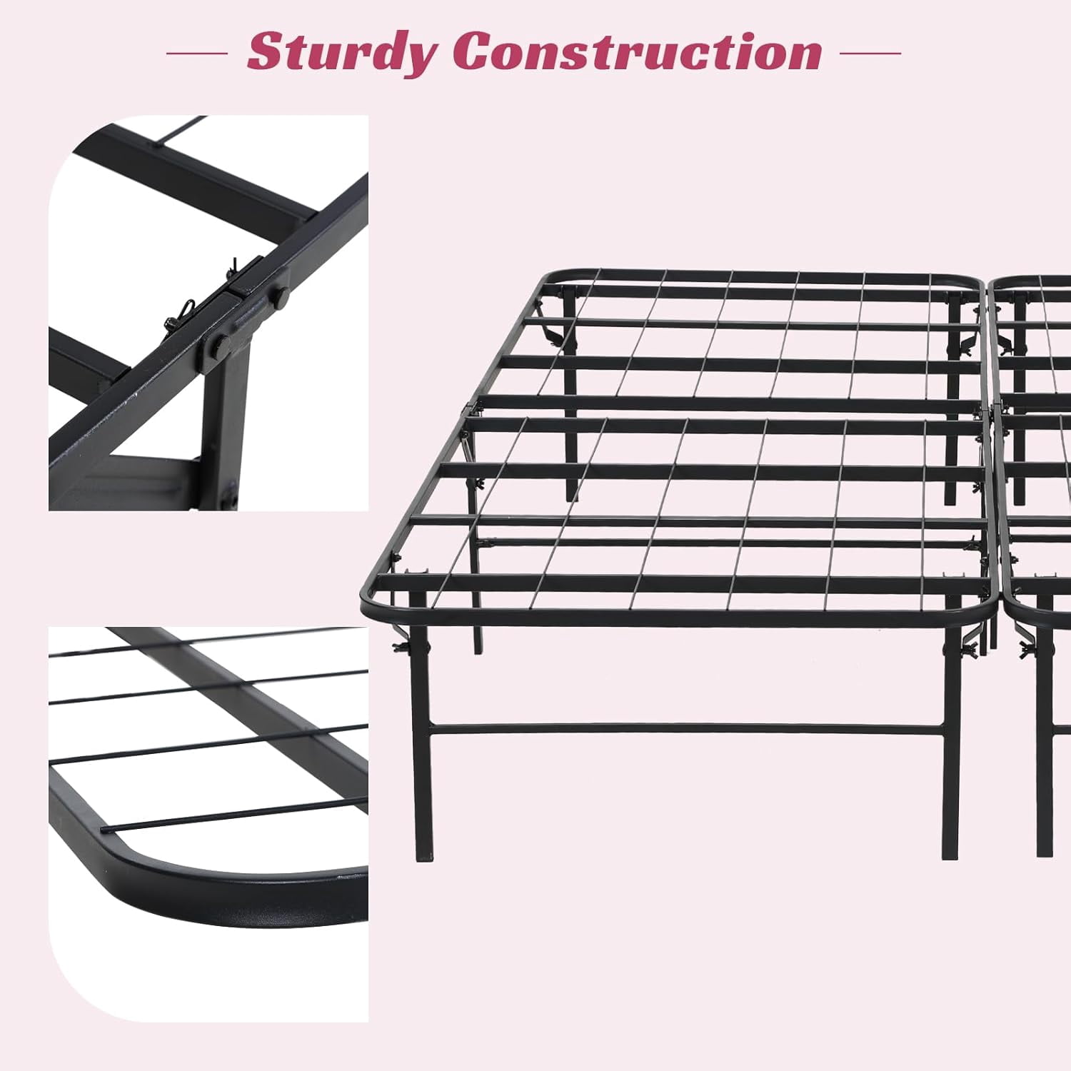 Dkelincs 14 inch Full Bed Frame Metal Platform Folding Mattress Foundation Platform Heavy Duty Steel Slat Bed Frame with Storage Space, Black