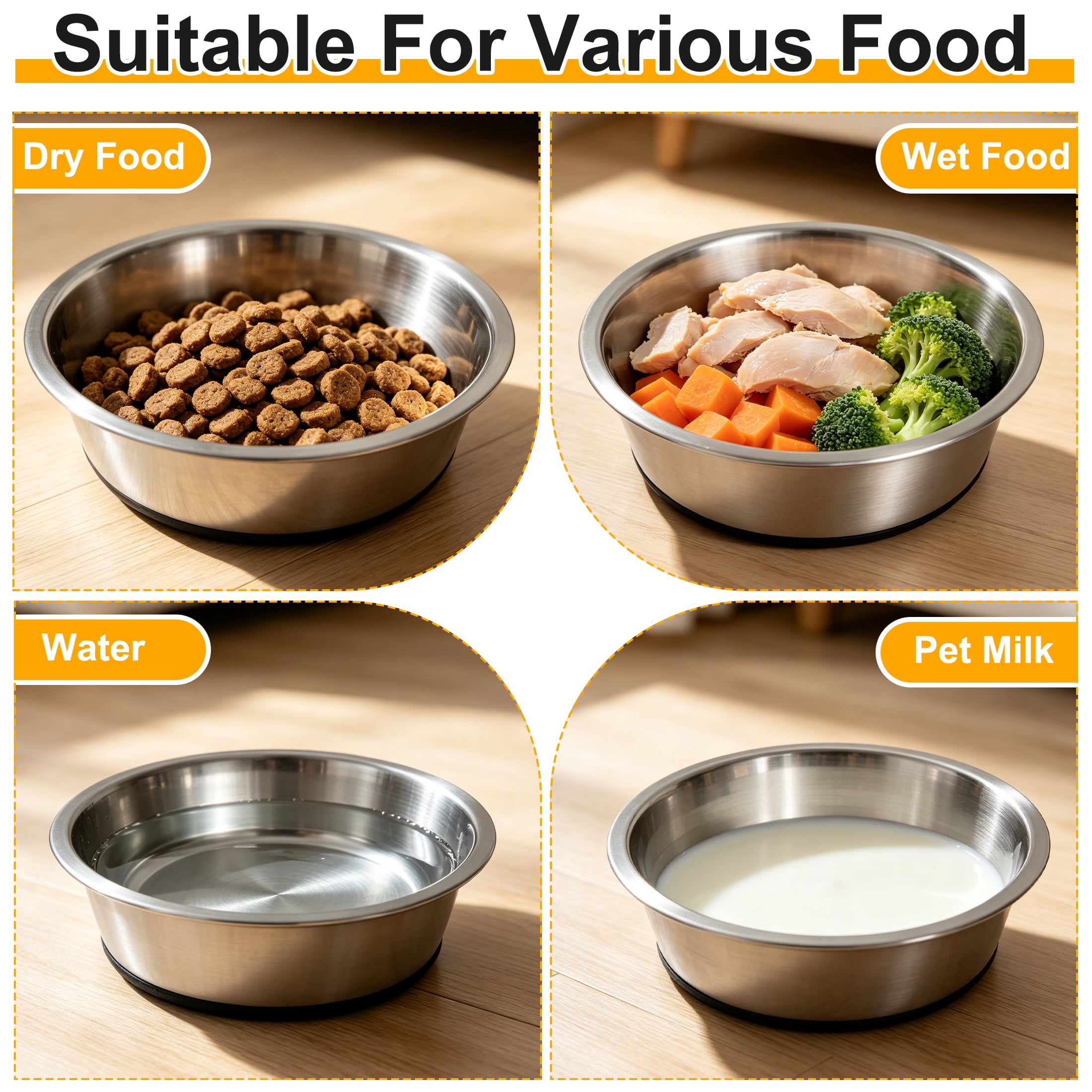 2 Pack Stainless Steel Small Pet Bowls with Non Slip Rubber Base, Anti Tip Metal Food Water Bowls for Small Dogs Cats Rabbits Guinea Pigs, Dishwasher Safe Pet Feeding Dishes