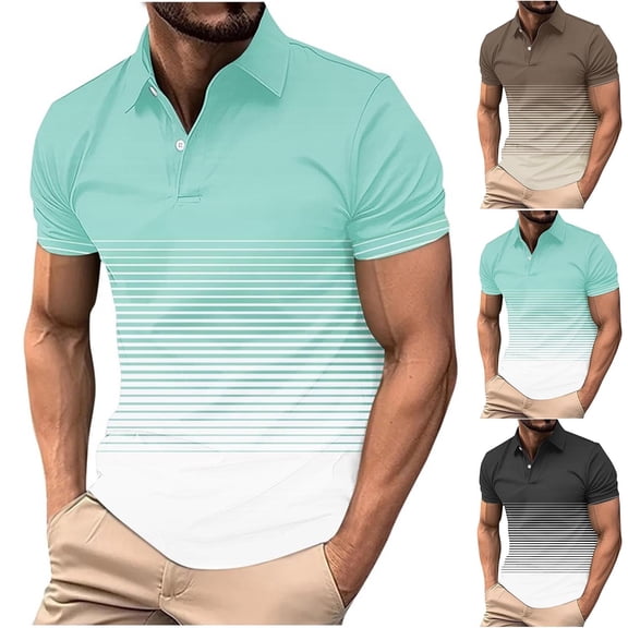 FRSASU Men's Short Sleeve Polo Shirts Vintage Knitted Striped Shirt Casual Button Down Golf Shirts Light Blue