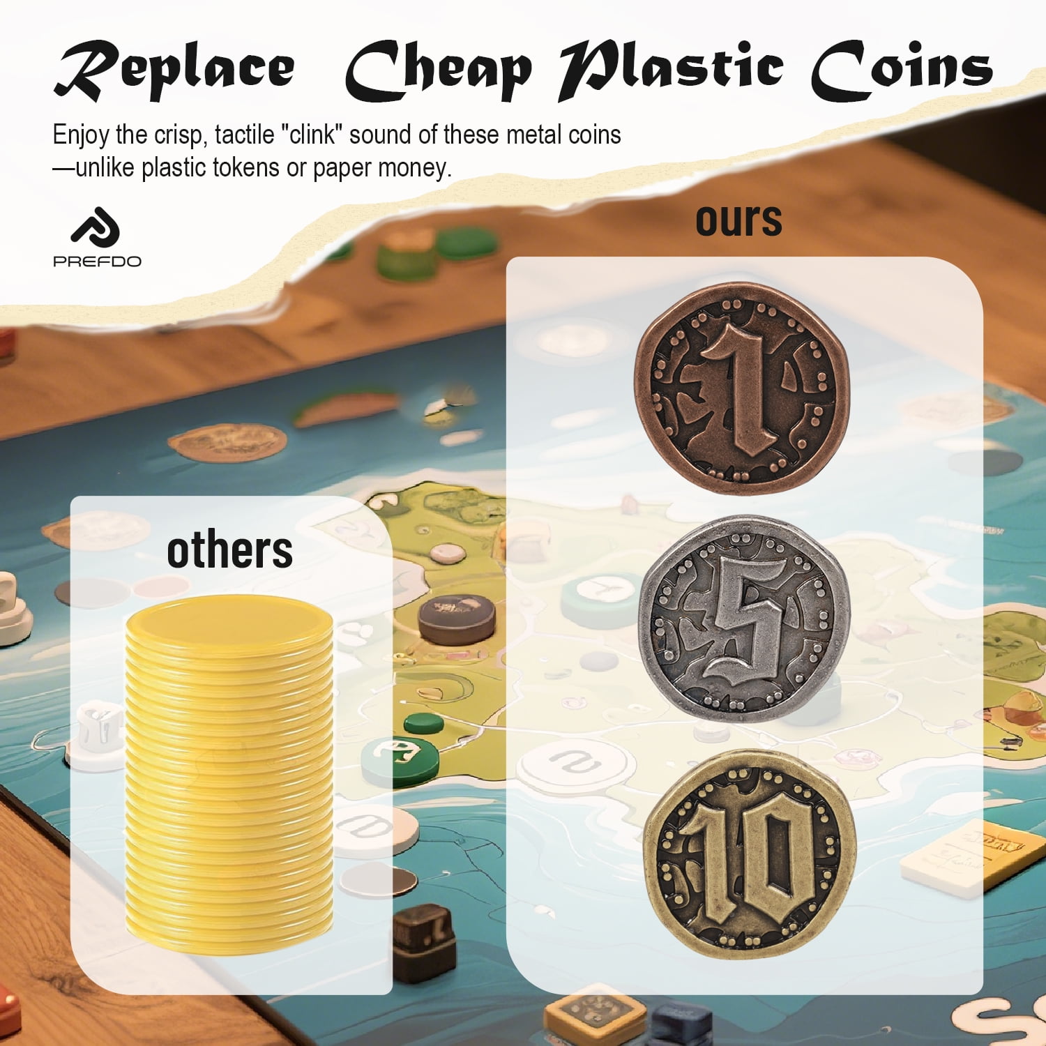 50PCS Metal Coins for Board Games, Prefdo Gold & Silver Tokens for Poker, RPG, Strategy Tabletop Gaming, Fantasy Metal Coins, Heavy Duty Generic Game Currency