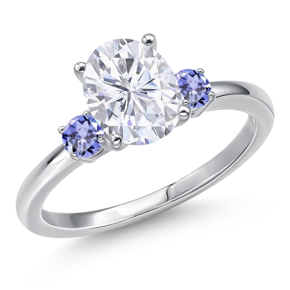 Gem Stone King 14K White Gold White Moissanite and Blue Tanzanite Engagement Ring for Women | 2.40 Cttw | Oval 9X7MM | Gemstone Birthstone | Size 8