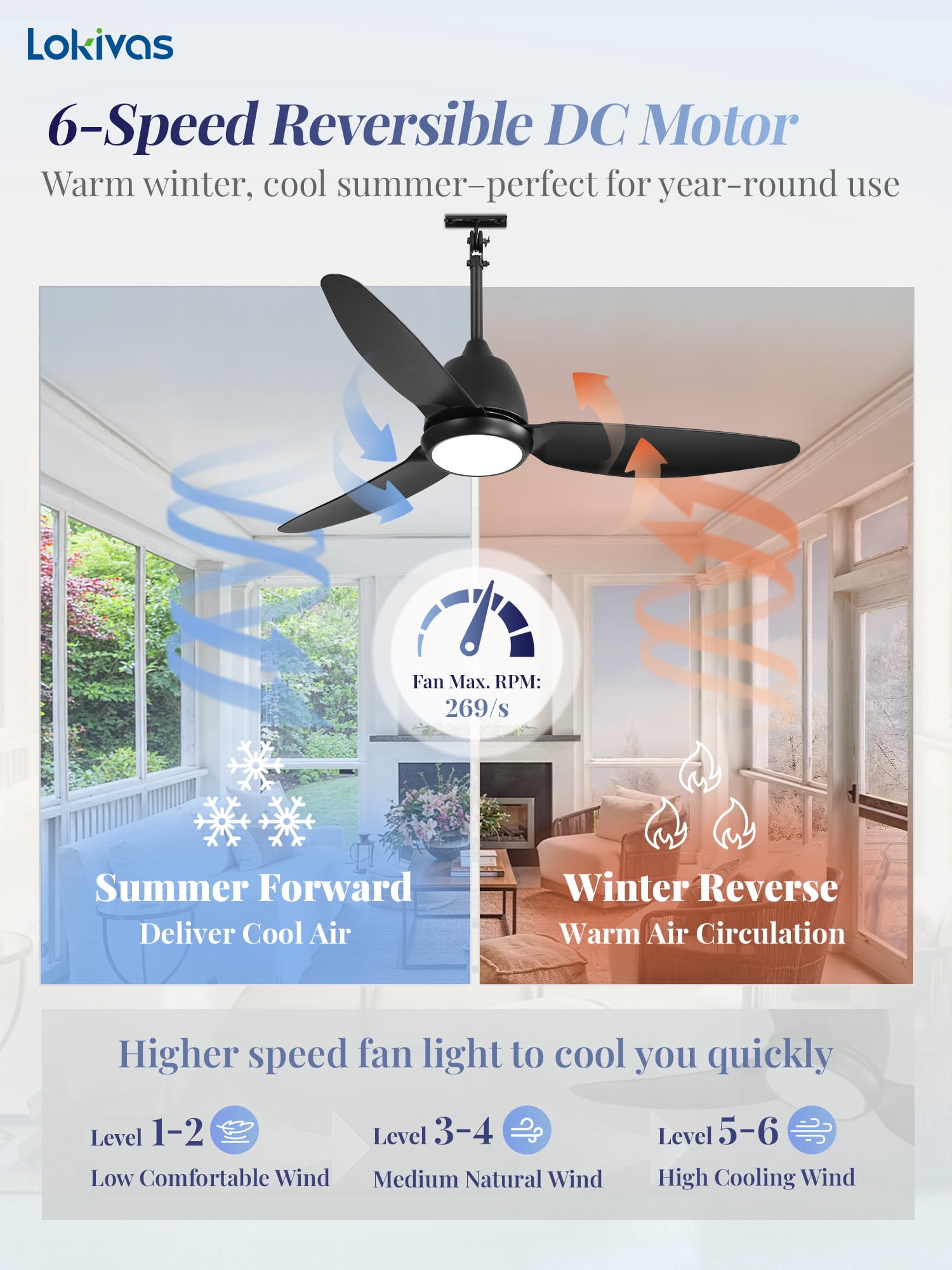 Lokivas 42" Black Waterproof Outdoor Gazebo Ceiling Fan with Light, Quiet 6 Speeds, APP & Remote, IP65 Plug-in DC Motor, Dimmable 3CCT, Hanging Cord for Patio Porch