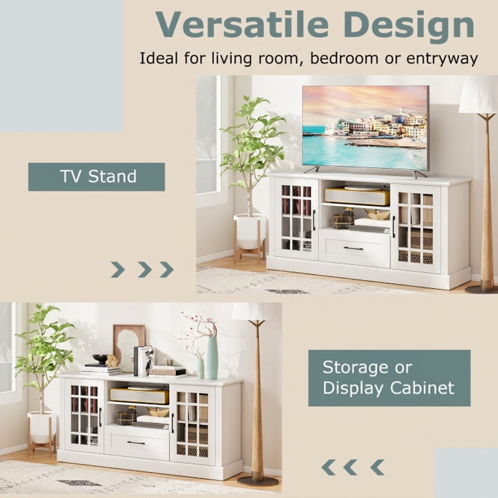 Furnibear TV Stand Entertainment Center for TVs up to 70 Inch with Tempered Glass Doors Cubbies and Drawer for Living Room Media Storage, White