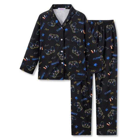 Beezizac Boys Pajamas Black Game Controller Button-Up Long Sleeve Set Size 6