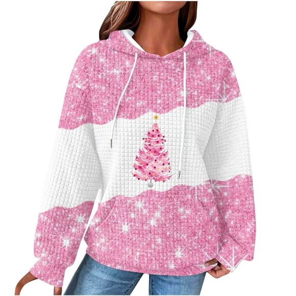Bowake Womens Tricot Sweatshirts à Capuche de Noël Cordon Imprimé à Manches Longues Pulls à Capuche Casual Plus Size Fall Tops