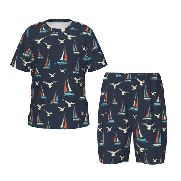 Balery Sailboat And Seagull Conjunto de Pijama Infantil de Manga Corta con Estampado – Ropa de Dormir de Algodón Suave-Large