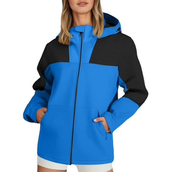 Women's Raincoats Lightweight Waterproof Windproof Windbreaker Rain Color Block Packable Outdoor Cargo Jackets Hooded with Pockets (Blue,L)