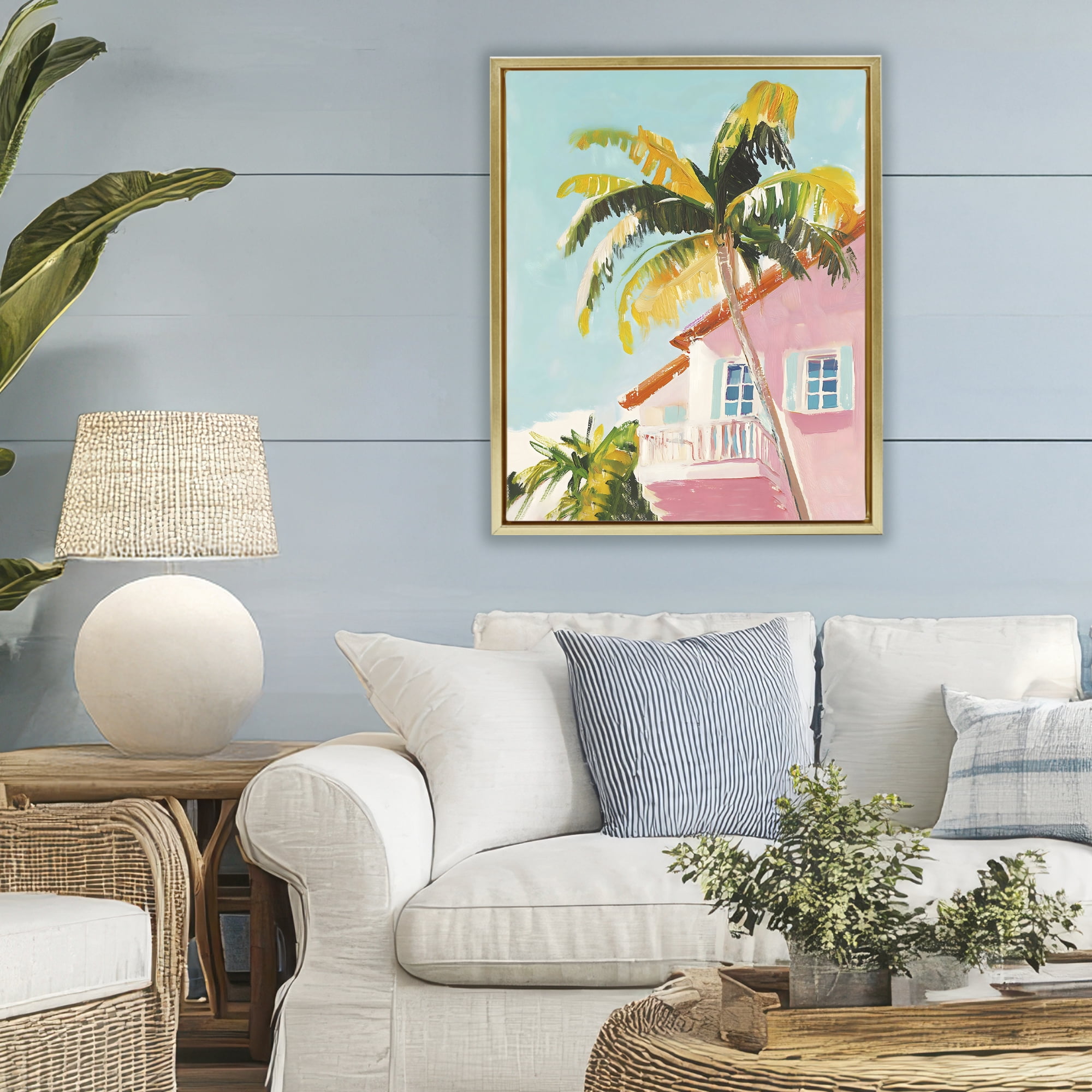 Stupell Industries Pink House Palm Tree Gold Framed Floater Canvas Wall Art, design by The Prints Vibe