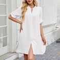 thumbnail image 3 of Wdfiry Women's T-shirt Dress Notched Neck Button Side Slit Dress Solid Color Loose Casual Half Sleeve Mini Dresses, 3 of 5