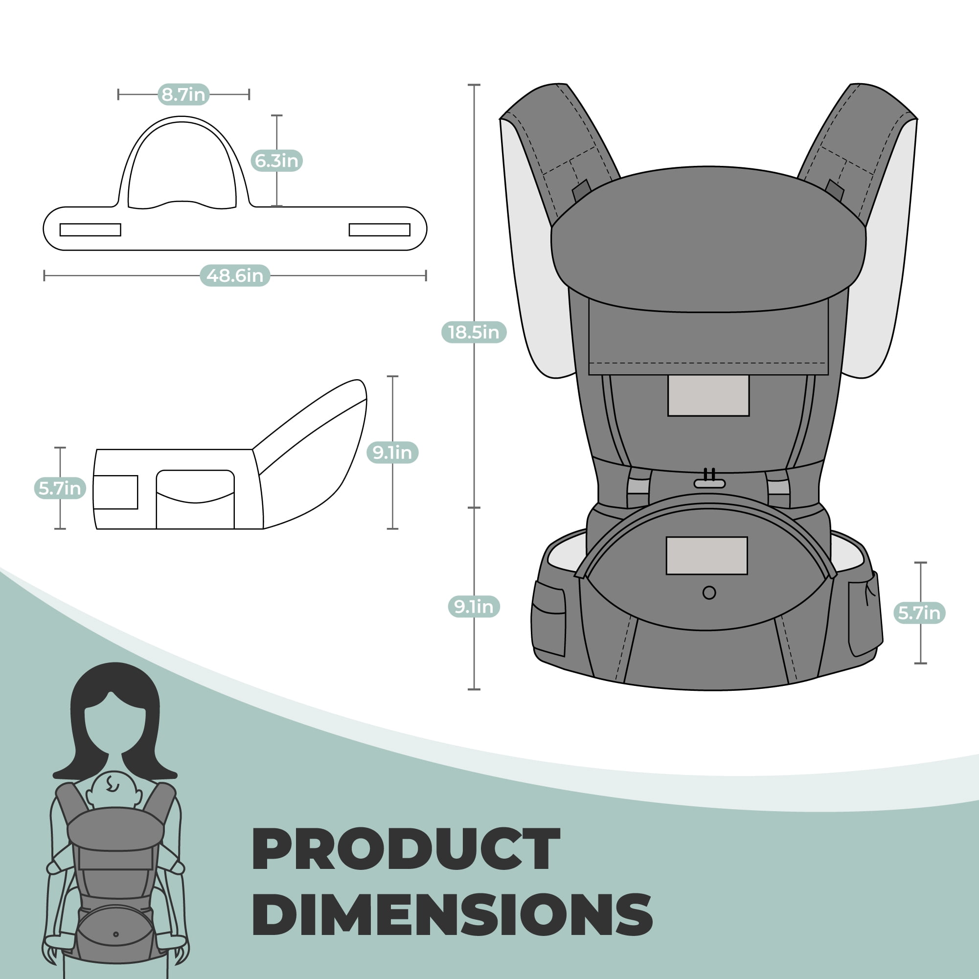 Scafild | 6-in-1 Baby Carrier with Waist Stool Hip Seat&Head Support for Breastfeeding Newborn Infant Toddler - Light Gray