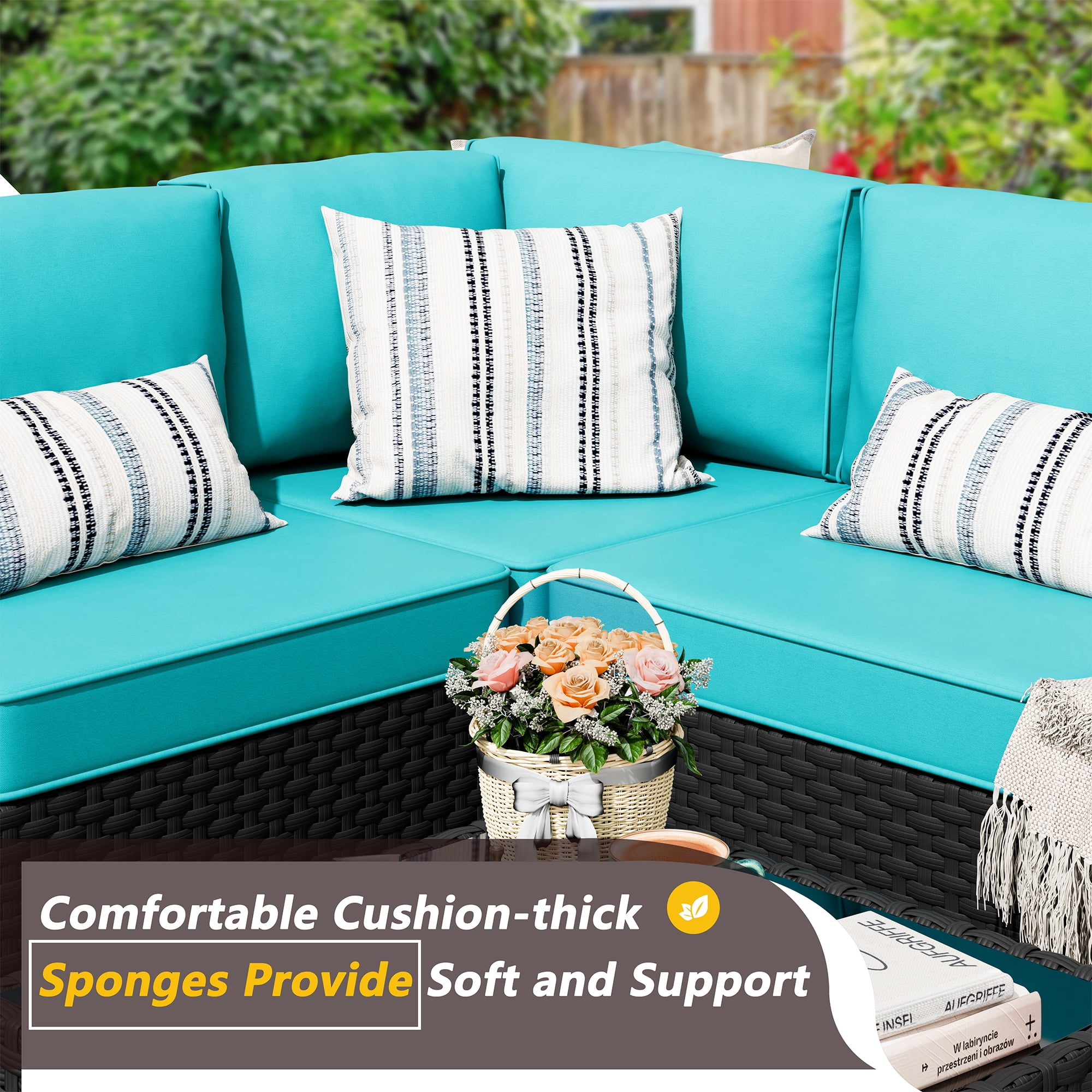 Walsunny 5 Pieces Patio Furniture Sets, Outdoor Wicker Rattan Patio Conversation Set with Cushions and Glass Table for Backyard, Garden,Pool, Black Rattan Blue Cushions
