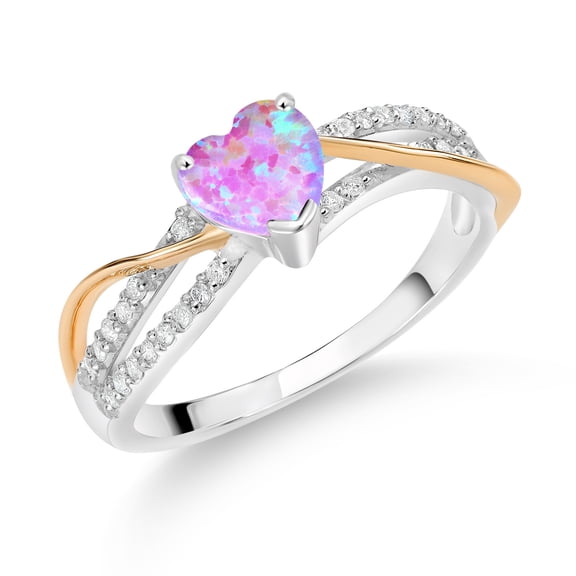 Gem Stone King 0.90 Ct Heart Shape Pink Simulated Opal E-F Lab Grown Diamond 925 Silver and 10K Yellow Gold Ring (Size 9)