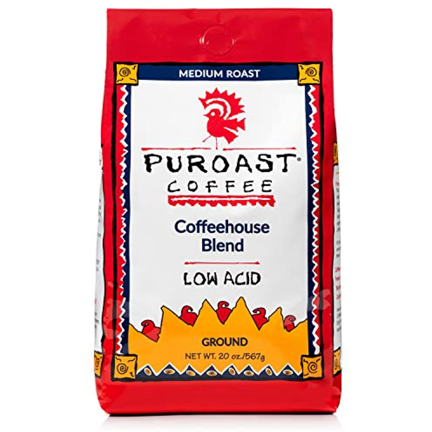 Puroast Low Acid Ground Coffee, Coffeehouse Blend, High Antioxidant, 20 Ounce Bag