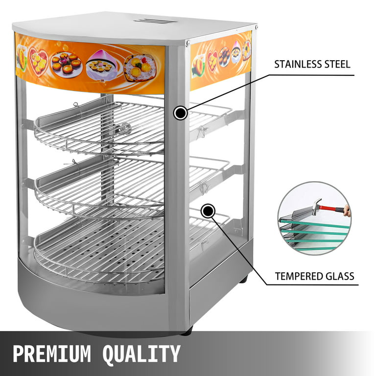 VEVOR 110V 14 inch Commercial Food Warmer Display 3-Tier 800W Electric bun  warmer Display 86-185 Tempered-Glass Door Pastry Display Case with 2 Trays  & 1 Bread Tong for Restaurant Hamburger Pizza 