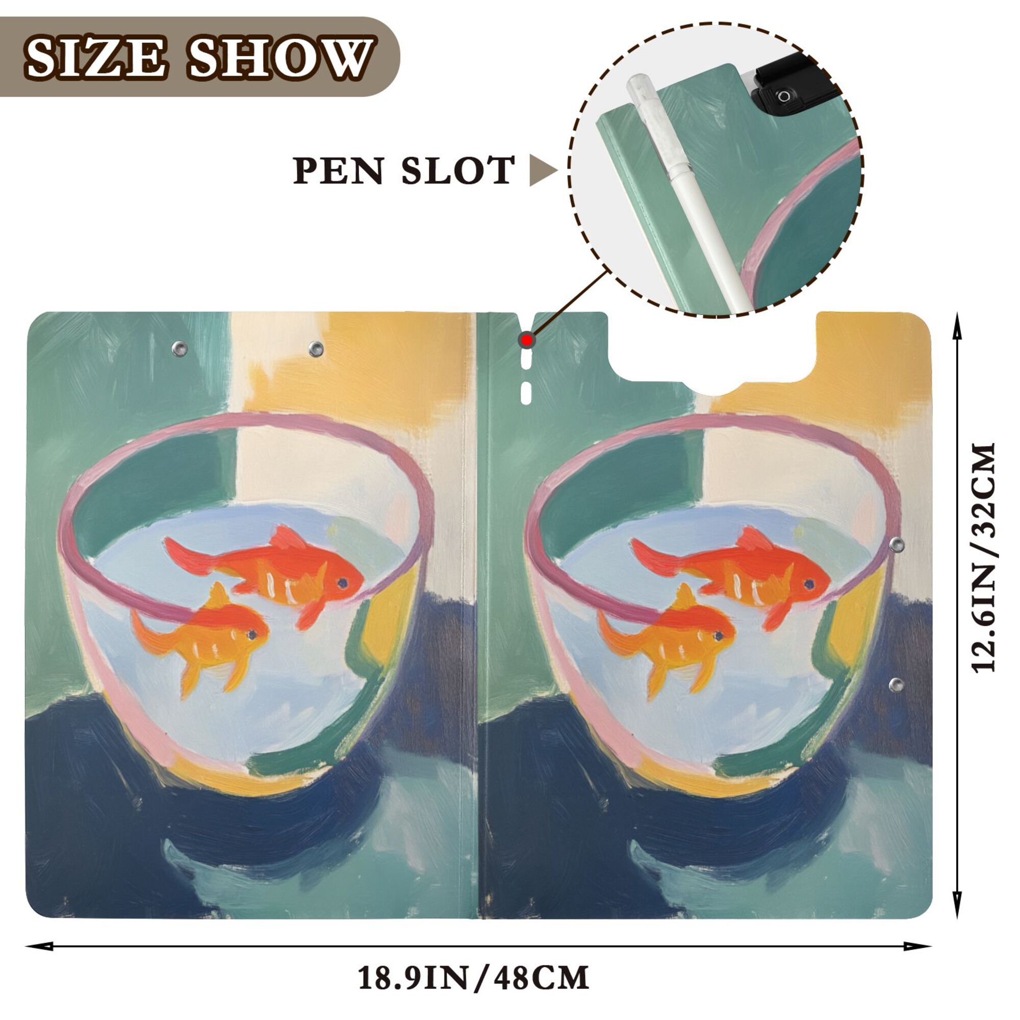 FORMRS A4 Clipboard Folder with Pen Holder Horizontal Foldable School Office Binder, Goldfish Bowl
