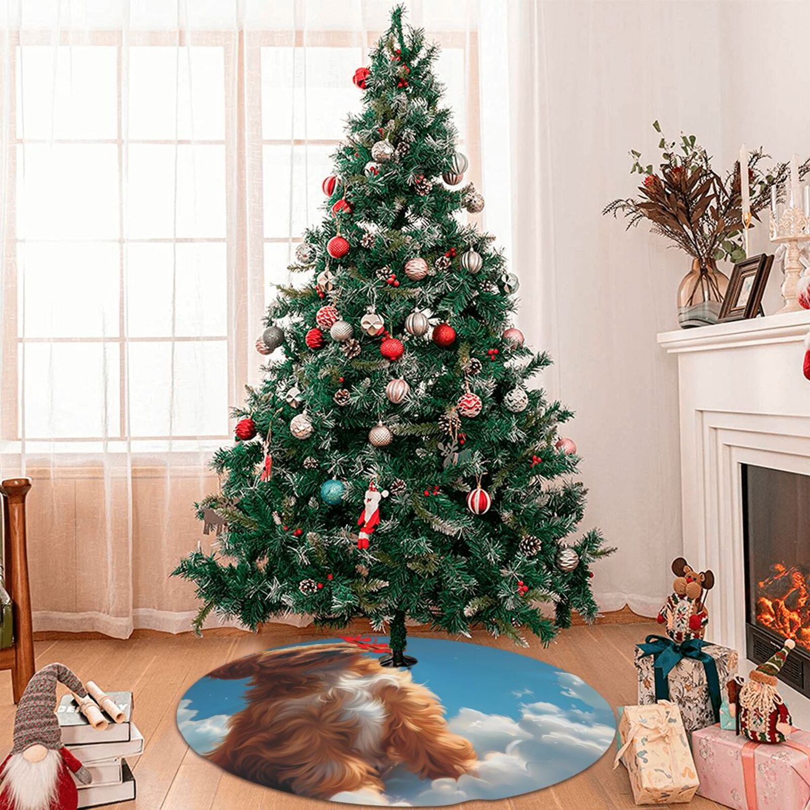 Noikeo Blue Sky Cloud Puppy Print Christmas Tree Skirt