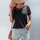 thumbnail image 5 of Moda de las mujeres de Manga Corta Camiseta de Encaje de Empalme Cuello Redondo Atractivo Agradable A La Piel Femenina T Shirt Top Negro S, 5 of 8